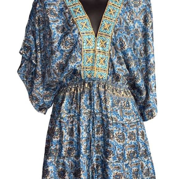 boho-style paisley print maxi dress V-neckline bell sleeves xl blue women - Picture 2 of 12